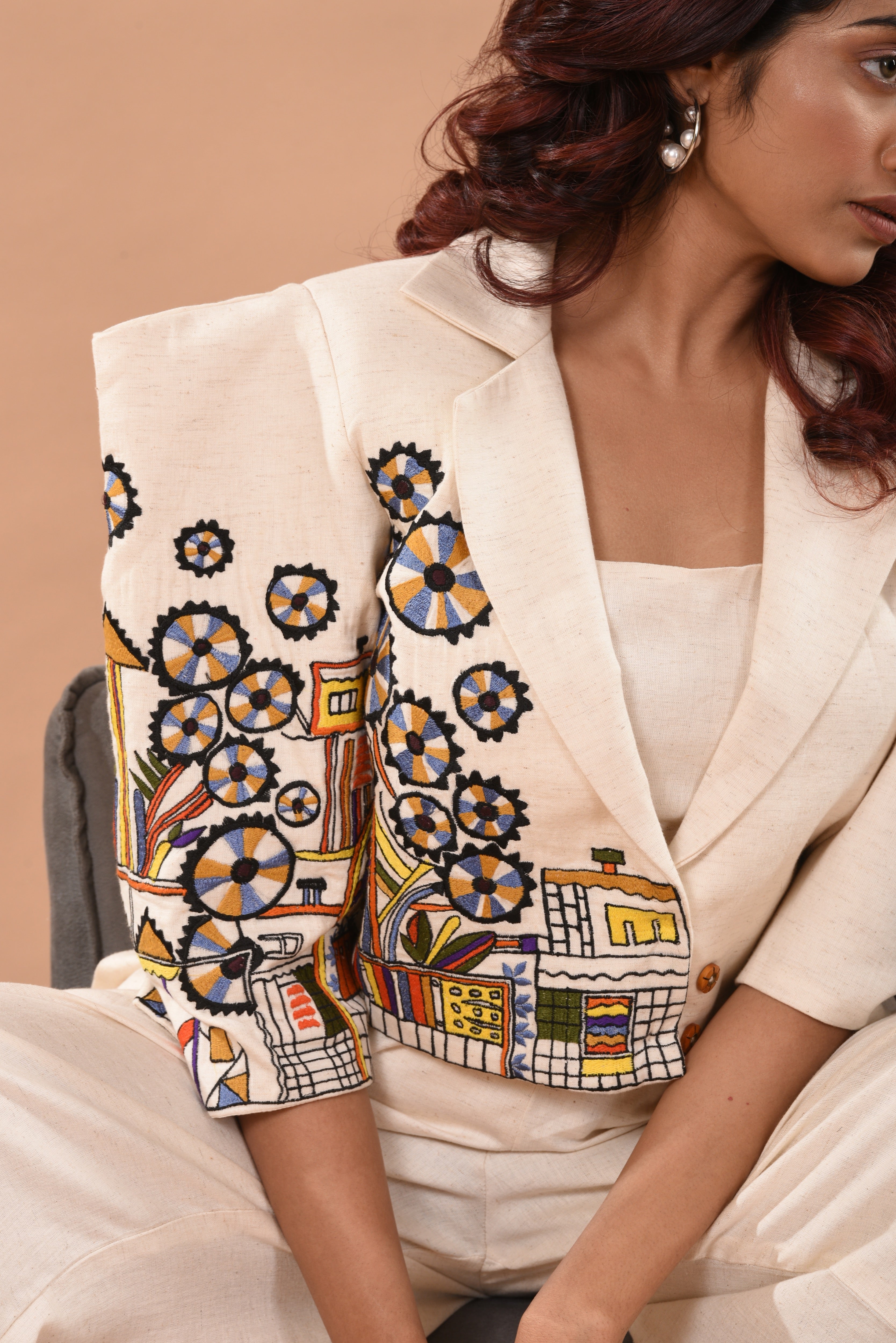 Embroidered Blazer Co-ord Set D 3-Piece in Off-White Kora Linen